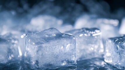 Poster - Close-up of glistening ice cubes, reflecting light, with a cool blue tone and a blurred background suggesting a pile of ice. : Generative AI