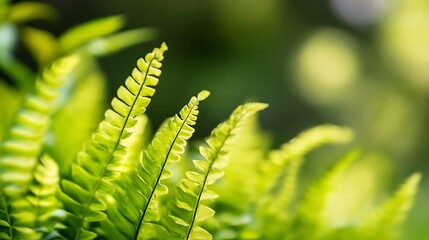 Aufkleber - Close-up view of vibrant green fern fronds, illuminated by sunlight, showcasing delicate textures and natural beauty in a lush garden setting. : Generative AI