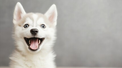 Poster - Adorable Siberian Husky Puppy with Open Mouth and Bright Blue Eyes, Posing Against a Gray Background. The image shows a happy, playful expression. : Generative AI