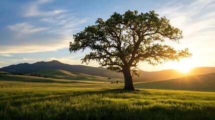 Poster - Majestic oak tree silhouetted against a vibrant sunset over rolling green hills and a clear sky, showcasing nature's serene beauty. : Generative AI