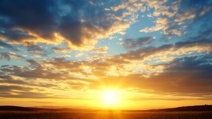 Aufkleber - Golden sunset over a vast field, vibrant cloudscape with sun rays illuminating the landscape, creating a serene and peaceful atmosphere. : Generative AI