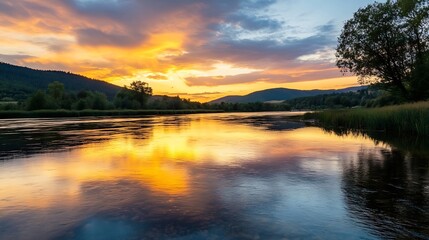 Aufkleber - Serene sunset over a calm river, reflecting vibrant orange and purple hues on the water's surface, with lush green trees and distant mountains creating a picturesque landscape. : Generative AI