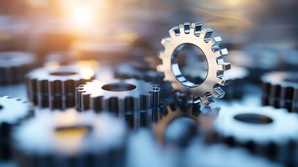 Fototapete - Close-up of metallic gears, reflecting light, suggesting precision engineering and intricate machinery, ideal for industrial or technological concepts. : Generative AI