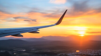 Aufkleber - Airplane wing view at sunset, overlooking a landscape of mountains and a distant city, golden hour light illuminating the clouds. : Generative AI