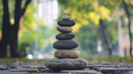 Aufkleber - Serene Stack of Stones in a Tranquil Park Setting, Balanced Rocks on a Cobblestone Path, Nature Photography : Generative AI