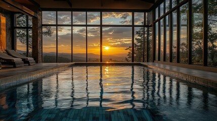 Poster - beautifully designed indoor hotel pool surrounded by large glass windows, offering breathtaking views of the sunset while guests enjoy a calming swim.
