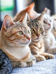 Poster - Three domestic cats, orange tabby, grey tabby, and white cat, relaxing together on a soft grey blanket, showcasing their fur texture and calm demeanor. : Generative AI