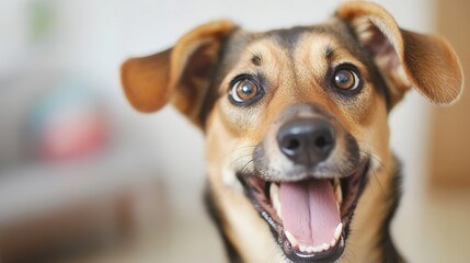Poster - Close-up portrait of a happy, young mixed-breed dog with brown and black fur, panting with its tongue out, showing its teeth and bright eyes. : Generative AI