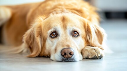 Poster - A golden retriever dog lies on the floor, resting its head and paws, gazing directly at the camera with a pensive expression. Its fur is a light golden color, and its eyes are a warm b : Generative AI