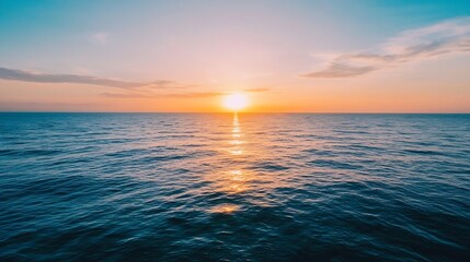 Poster - Serene ocean sunset: golden sun dips below horizon, casting warm light on tranquil blue water, creating a peaceful and picturesque scene. : Generative AI