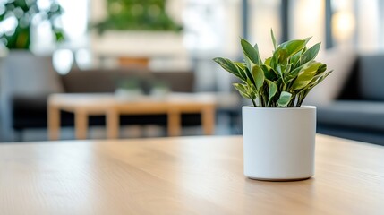 Aufkleber - A vibrant green plant in a white pot sits on a light wood table, a blurred modern living room background adds a sense of calm and serenity. : Generative AI