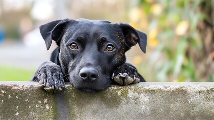 Poster - A black labrador dog rests its paws on a weathered stone wall, gazing intently at the camera with soulful brown eyes.  The blurred background suggests an outdoor setting, possibly a ga : Generative AI