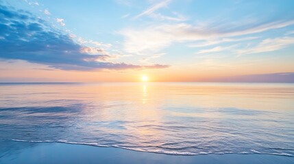 Aufkleber - Serene sunset over calm ocean waves gently lapping a sandy shore, pastel colors dominate the sky and water, creating a peaceful and tranquil atmosphere. : Generative AI