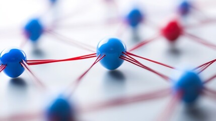 Fototapete - Abstract network visualization: interconnected blue spheres linked by red threads, suggesting connection, communication, or global network concept. : Generative AI