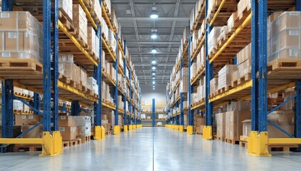 Poster - A large warehouse with tall shelves, filled with boxes and packages, organized in neat rows under bright lighting.