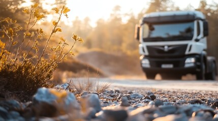 Poster - A semi-truck drives on a gravel road at sunset, with golden hour light illuminating plants in the foreground. : Generative AI
