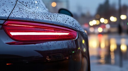 Poster - Close-up view of a dark-colored car's taillight, illuminated, with rain droplets on the glossy surface, blurred city lights in the background at dusk. : Generative AI