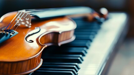 Aufkleber - Close-up view of a violin resting on a piano keyboard, showcasing the instrument's rich, amber-toned wood and intricate details. : Generative AI