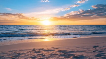 Poster - Serene sunset over calm ocean waves gently lapping a sandy beach, creating a picturesque and tranquil coastal scene. : Generative AI