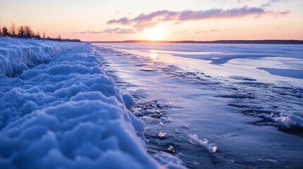 Fototapete - Serene winter sunset over a frozen lake, snow-covered shoreline, ice formations, and a tranquil sky with pastel colors. : Generative AI