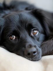 Poster - Close-up portrait of a relaxed black dog resting its head on a beige surface, showcasing its expressive brown eyes and soft black fur. : Generative AI
