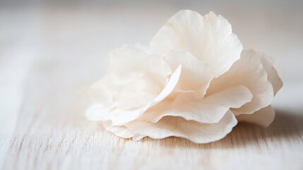 Poster - Close-up of a delicate, creamy white flower blossom resting on a light wood surface, showcasing its soft petals and subtle texture. : Generative AI