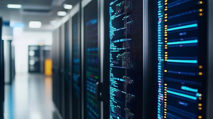 Aufkleber - Close-up view of server racks displaying lines of teal and orange code in a modern data center hallway. : Generative AI