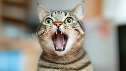 Aufkleber - Close-up portrait of a tabby cat with its mouth wide open, showing teeth and pink tongue.  The cat's eyes are wide and expressive, conveying surprise or alarm. The background is blurre : Generative AI