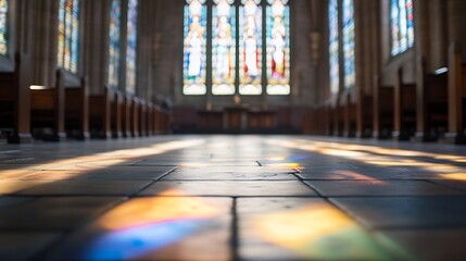 Poster - Sunlight streams through stained glass windows, illuminating the stone floor of a church aisle.  The pews are blurred, creating a peaceful, contemplative atmosphere. : Generative AI