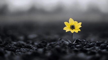 Aufkleber - A single, vibrant yellow flower bravely blooms from dark, volcanic soil, symbolizing resilience and hope amidst adversity.  The blurred background emphasizes the flower's isolation and : Generative AI