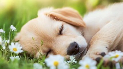 Poster - Adorable golden retriever puppy sleeping peacefully amidst a field of blooming daisies, bathed in soft sunlight. A heartwarming image of canine innocence and springtime serenity. : Generative AI