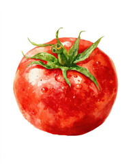 Aufkleber - A single, ripe red tomato with water droplets, showcasing its vibrant color and fresh appearance.  The green stem and leaves are clearly visible against the bright red skin.