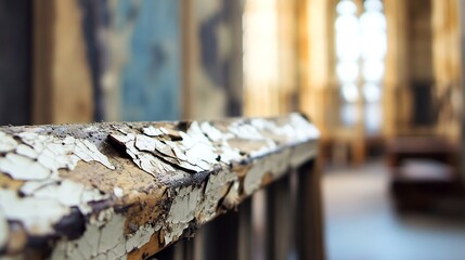 Aufkleber - Close-up of weathered, peeling paint on an old wooden railing, inside a blurred, sunlit building interior, suggesting age and decay. : Generative AI