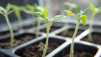 Poster - Close-up of delicate green seedlings sprouting from rich soil in a seed tray, bathed in soft sunlight, showcasing early growth and vibrant life. : Generative AI