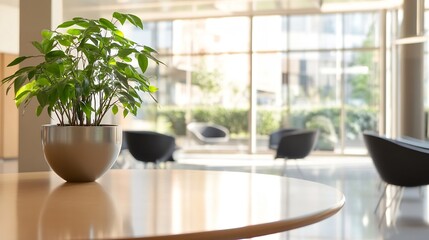 Aufkleber - A vibrant green plant in a metallic pot sits on a light wood table, modern office chairs and large windows softly blurred in the background. : Generative AI