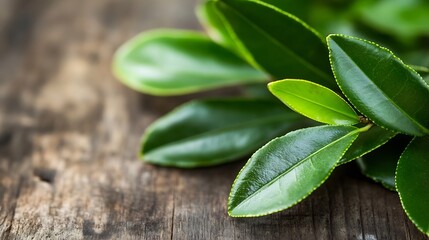 Poster - Close-up of vibrant green tea leaves arranged on a rustic wooden surface, showcasing their detailed texture and natural beauty. : Generative AI