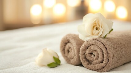 Aufkleber - Two rolled beige towels and white roses on a white towel, spa setting with blurred warm lights in the background, suggesting relaxation and wellness. : Generative AI