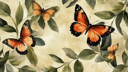 Poster - A botanical butterfly wallpaper featuring butterflies flying among leaves and branches.