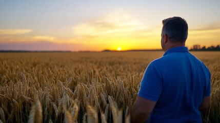 Poster - A farmer stands in a golden wheat field, silhouetted against a vibrant sunset, contemplating the harvest and the beauty of nature's bounty. : Generative AI