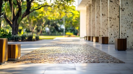 Poster - Modern building walkway with pebble stone path and wooden seating cubes, bathed in warm sunlight, showcasing a tranquil outdoor space. : Generative AI
