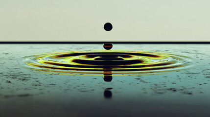 Poster - A crystal clear droplet falls onto a smooth surface, generating ripples that reflect light and create a captivating visual effect