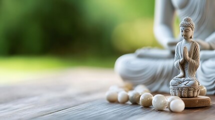 Poster - Serene Buddha statue in prayer pose, small figurine on wooden surface with white beads, blurred large Buddha in background, peaceful garden setting. : Generative AI