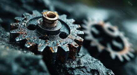 Fototapete - Close-up view of two rusty metal gears resting on dark, rough stone, showcasing intricate details and textures of aged machinery.