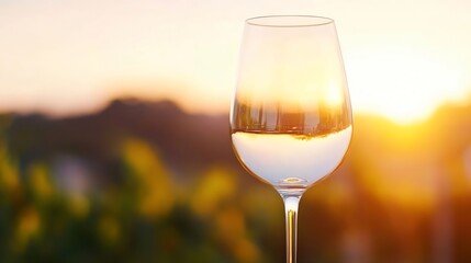 Poster - A glass of white wine reflects a vibrant sunset over a blurred vineyard landscape, creating a serene and picturesque scene. : Generative AI