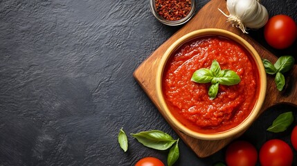Poster - A bowl of vibrant tomato sauce garnished with fresh basil leaves, sits on a dark stone surface alongside tomatoes, garlic, and spices. : Generative AI