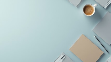 Poster - Investor meeting setup with branded folders, coffee, and presentation device