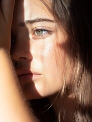 Poster - Close-up portrait of a young woman's face, partially obscured by her hand, illuminated by sunlight creating dramatic shadows and highlighting her freckles and light brown hair. : Generative AI