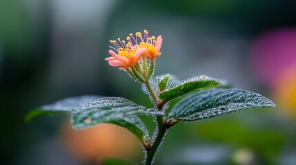 Poster - A delicate pink flower with yellow stamens, covered in morning dew, stands tall on a slender stem amongst vibrant green leaves. : Generative AI