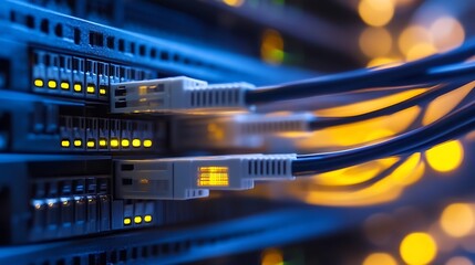 Poster - Close-up view of fiber optic cables connected to a server rack, glowing with yellow lights in a dark blue environment.  The image showcases technology and networking infrastructure. : Generative AI