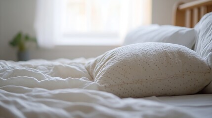 Poster - Close-up of a textured white pillow resting on a bed with crumpled linen sheets, soft morning light illuminating the scene, creating a peaceful and serene atmosphere. : Generative AI